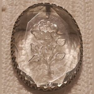 VTG 30s Oval Crystal Carved Rose Flower Pendant Brooch